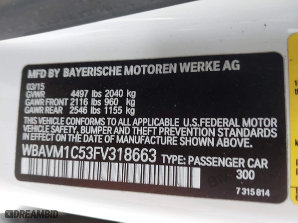 2015 BMW X1 sDrive28i with VIN WBAVM1C53FV318663, listed as a IAAI auction lot 41711526 with 182,204 mi miles. Bid and sale history available at carsss.com. Image 9.