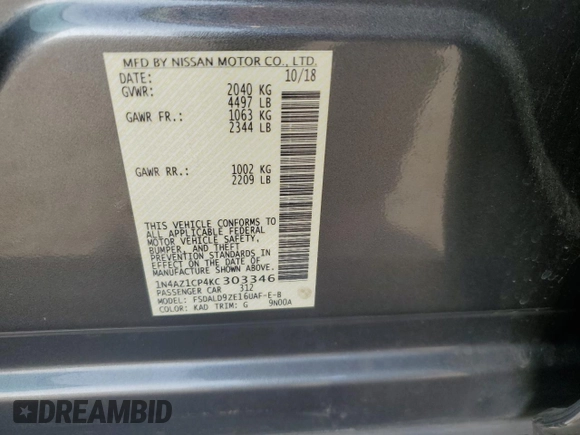2019 Nissan LEAF SV z VIN 1N4AZ1CP4KC303346, wystawiony jako Copart lot #85341074 z przebiegiem 57 334 mil mil oraz Szkoda całkowita • Salvage title. Historia ofert i sprzedaży dostępna na DreamBid. Obrazek 16.