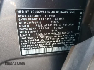 2012 Volkswagen Tiguan S with VIN WVGAV7AX7CW002660, listed as a Copart auction lot 86016034 with 185,938 mi miles and Salvage title. Bid and sale history available at DreamBid. Image 12.