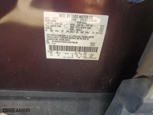 2012 Ford Explorer XLT with VIN 1FMHK7D95CGA79638, listed as a Copart auction lot 46148235 with 95,317 mi miles and Salvage Title. Bid and sale history available at carsss.com. Image 13.