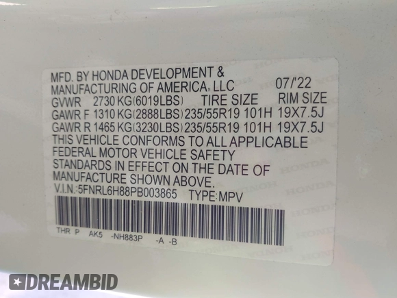 2023 Honda Odyssey Touring with VIN 5FNRL6H88PB003865, listed as a IAAI auction lot 41715384 with 40,765 mi miles and . Bid and sale history available at DreamBid. Image 9.