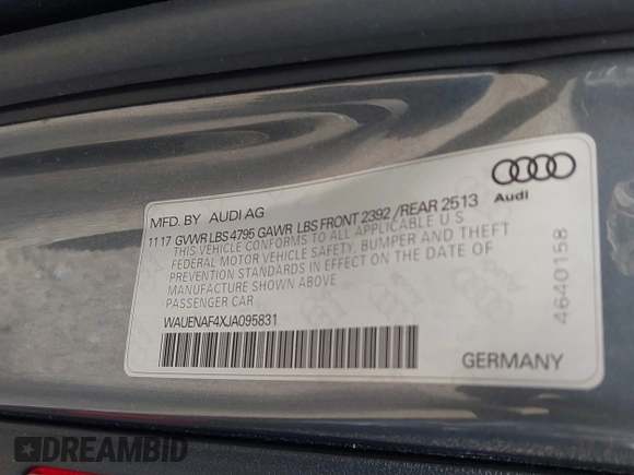 2018 Audi A4 Premium Plus z VIN WAUENAF4XJA095831, wystawiony jako IAAI lot #42192885 z przebiegiem 77 645 mil mil oraz . Historia ofert i sprzedaży dostępna na DreamBid. Obrazek 9.