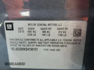2013 Chevrolet Sonic LT with VIN 1G1JC5SHXD4198167, listed as a Copart auction lot 44758085 with 103,449 mi miles and Salvage Title. Bid and sale history available at DreamBid. Image 12.