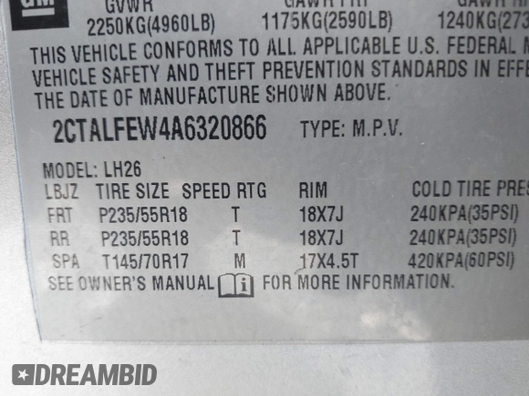 2010 GMC Terrain SLT-1 with VIN 2CTALFEW4A6320866, listed as a IAAI auction lot 42183161 with 159,297 mi miles and . Bid and sale history available at carsss.com. Image 9.