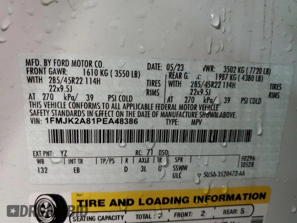 2023 Ford Expedition Max Limited с VIN 1FMJK2A81PEA48386, выставлен на аукционе Copart как лот 50130845 с пробегом 52 612 миль миль и Чистый • Clean title. История ставок и продаж доступна на DreamBid. Изображение 14.