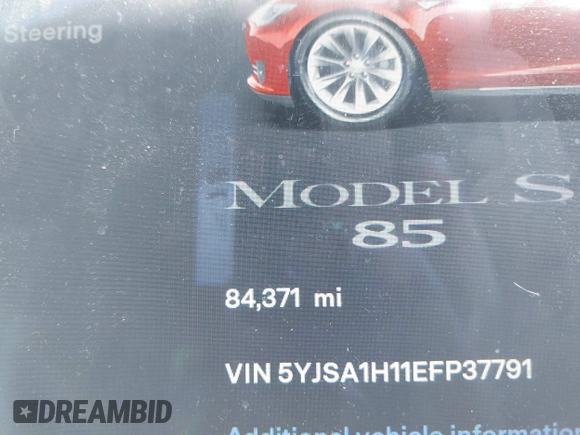 2014 Tesla Model S 60 with VIN 5YJSA1H11EFP37791, listed as a IAAI auction lot 41995504 with 84,371 mi miles and . Bid and sale history available at DreamBid. Image 15.