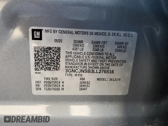 2020 Chevrolet Trax LS z VIN 3GNCJNSB3LL276516, wystawiony jako Copart lot #52796185 z przebiegiem 70 701 mil mil oraz Szkoda całkowita • Salvage title. Historia ofert i sprzedaży dostępna na DreamBid. Obrazek 13.