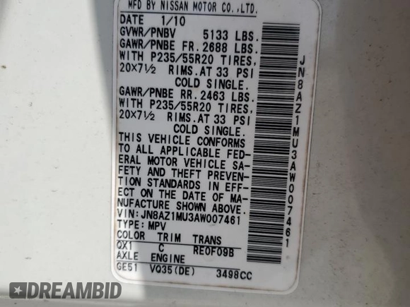 2010 Nissan Murano S z VIN JN8AZ1MU3AW007461, wystawiony jako Copart lot #59687645 z przebiegiem 182 881 mil mil oraz Szkoda całkowita • Salvage title. Historia ofert i sprzedaży dostępna na DreamBid. Obrazek 12.