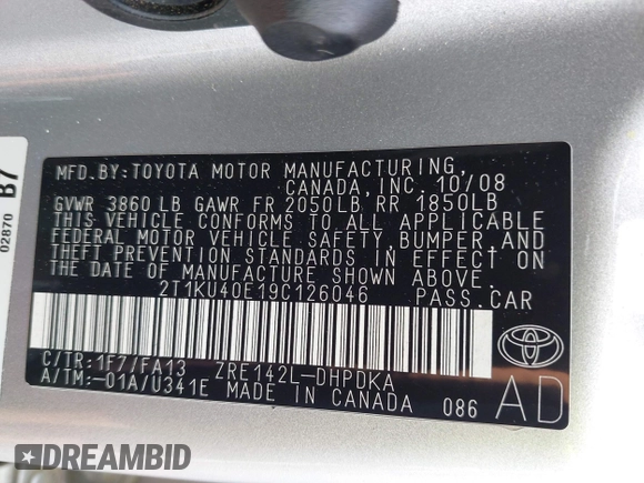 2009 Toyota Matrix with VIN 2T1KU40E19C126046, listed as a IAAI auction lot 42123631 with 71,409 mi miles and . Bid and sale history available at carsss.com. Image 9.