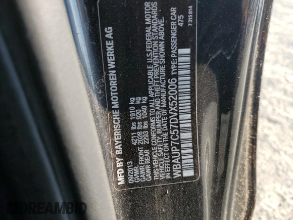 2013 BMW 1 Series 128i with VIN WBAUP7C57DVX52006, listed as a Copart auction lot 60778245 with Not provided miles and Salvage title. Bid and sale history available at DreamBid. Image 12.