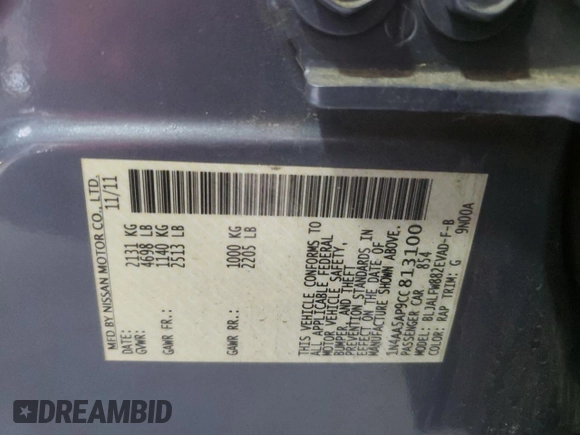 2012 Nissan Maxima SV with VIN 1N4AA5AP9CC813100, listed as a Copart auction lot 61155655 with 182,200 mi miles and Salvage title. Bid and sale history available at DreamBid. Image 12.