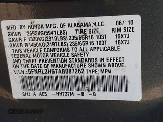 2010 Honda Odyssey EX-L with VIN 5FNRL3H67AB087262, listed as a IAAI auction lot 41999995 with 153,186 mi miles. Bid and sale history available at carsss.com. Image 9.