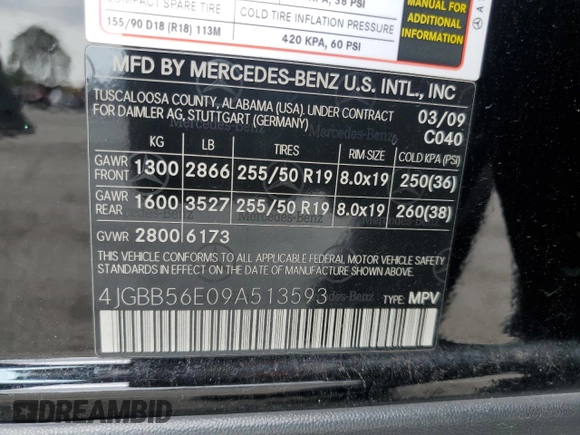 2009 Mercedes-Benz M 3.5L with VIN 4JGBB56E09A513593, listed as a Copart auction lot 49440025 with 83,710 mi miles and Clean Title. Bid and sale history available at carsss.com. Image 13.