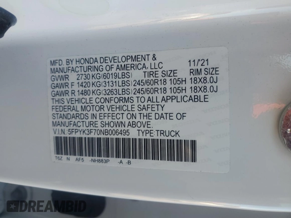 2022 Honda Ridgeline RTL-E with VIN 5FPYK3F70NB006495, listed as a Copart auction lot 57756735 with 43,874 mi miles and Salvage title. Bid and sale history available at DreamBid. Image 12.