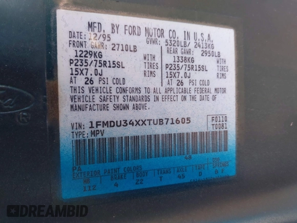1996 Ford Explorer XL with VIN 1FMDU34XXTUB71605, listed as a IAAI auction lot 41982901 with 190,179 mi miles and . Bid and sale history available at DreamBid. Image 9.