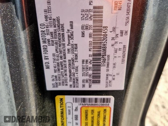 2017 Ford Mustang V6 z VIN 1FA6P8AM8H5208458, wystawiony jako Copart lot #60835695 z przebiegiem 74 987 mil mil oraz Czysty tytuł • Clean title. Historia ofert i sprzedaży dostępna na DreamBid. Obrazek 12.