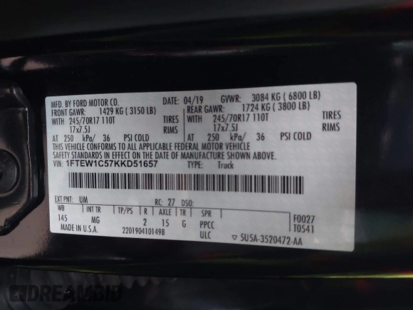 2019 Ford F-150 XL with VIN 1FTEW1C57KKD51657, listed as a IAAI auction lot 41426305 with 150,471 mi miles and . Bid and sale history available at DreamBid. Image 9.