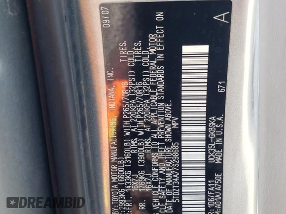 2007 Toyota Sequoia SR5 with VIN 5TDZT34A77S298685, listed as a Copart auction lot 48135295 with 212,265 mi miles and Salvage Title. Bid and sale history available at carsss.com. Image 13.