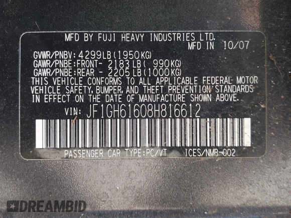 2008 Subaru Impreza i с VIN JF1GH61608H816612, выставлен на аукционе IAAI как лот 42371452 с пробегом 121 097 миль миль и . История ставок и продаж доступна на DreamBid. Изображение 9.