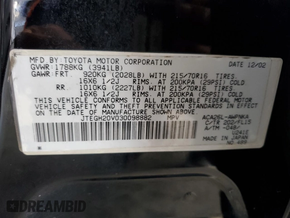 2003 Toyota RAV4 with VIN JTEGH20V030098882, listed as a Copart auction lot 54357825 with 208,991 mi miles and Salvage Title. Bid and sale history available at DreamBid. Image 12.