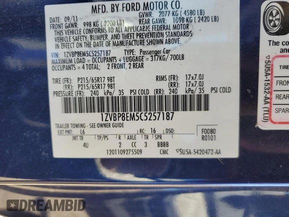 2012 Ford Mustang V6 with VIN 1ZVBP8EM5C5257187, listed as a Copart auction lot 48077825 with 122,794 mi miles and Salvage Title. Bid and sale history available at carsss.com. Image 12.