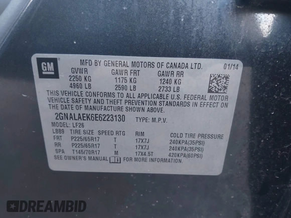 2014 Chevrolet Equinox LS with VIN 2GNALAEK6E6223130, listed as a IAAI auction lot 41240827 with 27,046 mi miles. Bid and sale history available at carsss.com. Image 9.