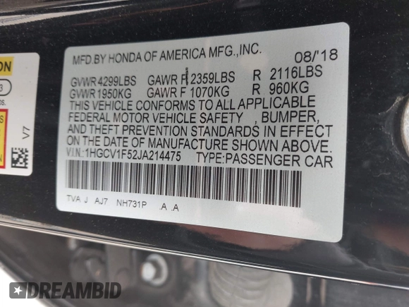 2018 Honda Accord EX-L with VIN 1HGCV1F52JA214475, listed as a IAAI auction lot 42297253 with 184,929 mi miles and . Bid and sale history available at DreamBid. Image 9.