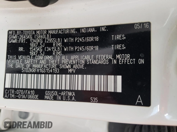 2016 Toyota Highlander LE Plus with VIN 5TDZKRFH1GS154193, listed as a Copart auction lot 55046165 with 102,314 mi miles and Salvage title. Bid and sale history available at DreamBid. Image 13.