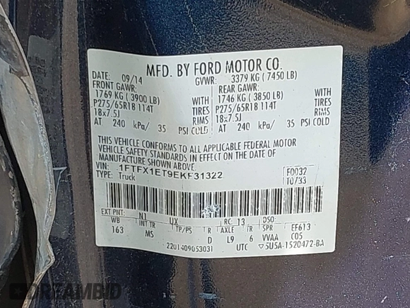2014 Ford F-150 XL z VIN 1FTFX1ET9EKF31322, wystawiony jako IAAI lot #42146775 z przebiegiem 204 641 mil mil oraz . Historia ofert i sprzedaży dostępna na DreamBid. Obrazek 9.