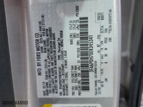 2014 Ford Fusion SE with VIN 3FA6P0H70ER345341, listed as a Copart auction lot 49044005 with 85,358 mi miles and Salvage Title. Bid and sale history available at carsss.com. Image 13.