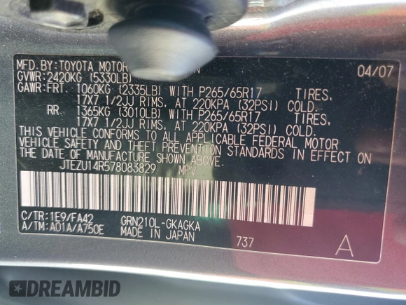 2007 Toyota 4Runner SR5 with VIN JTEZU14R578083829, listed as a Copart auction lot 48880065 with 121,172 mi miles and Salvage Title. Bid and sale history available at carsss.com. Image 13.