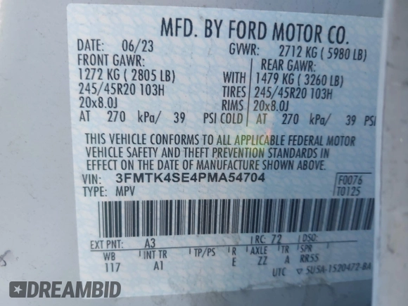 2023 Ford Mustang Mach-E GT z VIN 3FMTK4SE4PMA54704, wystawiony jako IAAI lot #42163871 z przebiegiem 67 987 mil mil oraz . Historia ofert i sprzedaży dostępna na DreamBid. Obrazek 9.