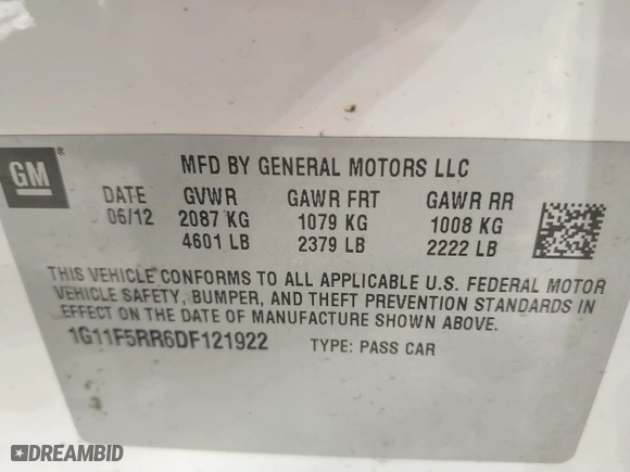 2013 Chevrolet Malibu ECO with VIN 1G11F5RR6DF121922, listed as a IAAI auction lot 41814235 with 93,281 mi miles. Bid and sale history available at carsss.com. Image 9.
