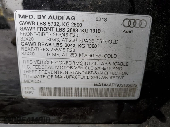 2018 Audi SQ5 Premium Plus with VIN WA1A4AFY9J2133075, listed as a Copart auction lot 48996535 with 0 mi miles and Salvage Title. Bid and sale history available at carsss.com. Image 12.