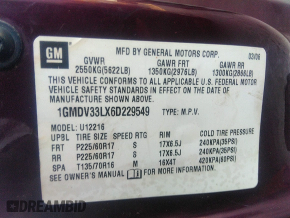 2006 Pontiac Montana SV6 with VIN 1GMDV33LX6D229549, listed as a IAAI auction lot 34789099 with 236,978 mi miles. Bid and sale history available at carsss.com. Image 9.