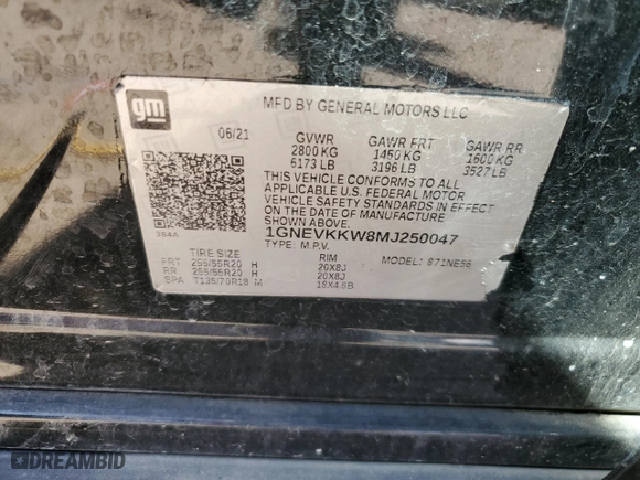 2021 Chevrolet Traverse Premier with VIN 1GNEVKKW8MJ250047, listed as a Copart auction lot 47120965 with 40,468 mi miles and Salvage Title. Bid and sale history available at carsss.com. Image 13.
