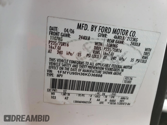 2006 Ford Escape with VIN 1FMYU95H36KD36888, listed as a Copart auction lot 51695185 with 127,857 mi miles and Clean title. Bid and sale history available at DreamBid. Image 13.