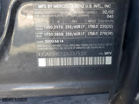 2002 Mercedes-Benz M-Class with VIN 4JGAB54E12A337920, listed as a Copart auction lot 44419495 with 278,061 mi miles and Salvage Title. Bid and sale history available at carsss.com. Image 16.