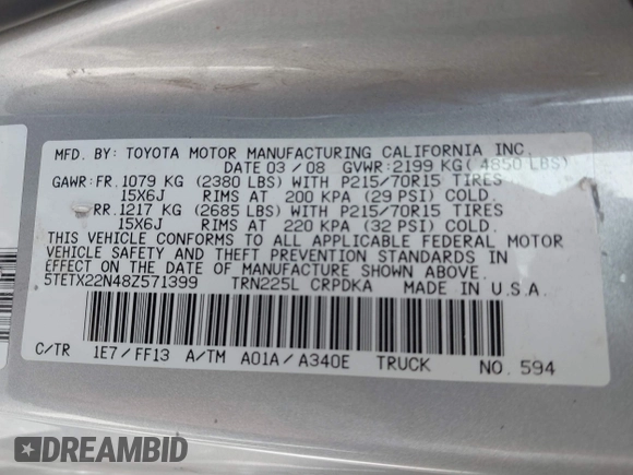 2008 Toyota Tacoma with VIN 5TETX22N48Z571399, listed as a IAAI auction lot 41801629 with 150,395 mi miles and . Bid and sale history available at DreamBid. Image 9.