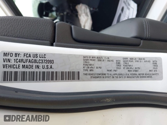 2020 Jeep Grand Cherokee Laredo E with VIN 1C4RJFAG8LC372093, listed as a IAAI auction lot 42113748 with 30,820 mi miles and . Bid and sale history available at DreamBid. Image 9.