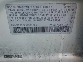 2009 Volkswagen CC Sport с VIN WVWML73C49E527224, выставлен на аукционе Copart как лот 60166605 с пробегом 152 172 миль миль и Списание • Salvage title. История ставок и продаж доступна на DreamBid. Изображение 12.
