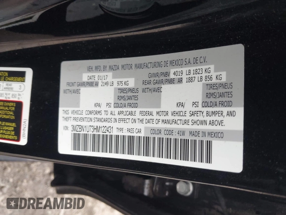 2017 Mazda 3 Sport with VIN 3MZBN1U73HM122431, listed as a IAAI auction lot 42046661 with 105,778 mi miles and . Bid and sale history available at DreamBid. Image 9.