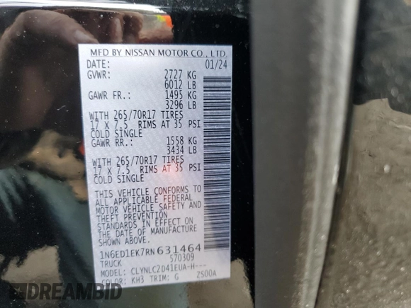 2024 Nissan Frontier SV with VIN 1N6ED1EK7RN631464, listed as a Copart auction lot 47051115 with 10 mi miles and Salvage title. Bid and sale history available at DreamBid. Image 13.