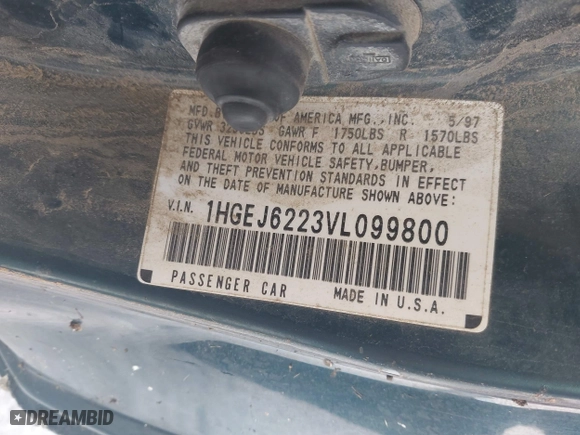 1997 Honda Civic DX with VIN 1HGEJ6223VL099800, listed as a IAAI auction lot 41315675 with 181,661 mi miles. Bid and sale history available at carsss.com. Image 9.