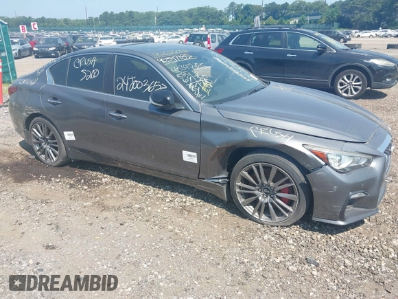 2018 Infiniti Q50 Red Sport 400 with VIN JN1FV7AP7JM461628, listed as a IAAI auction lot 42622062 with 58,561 mi miles and . Bid and sale history available at DreamBid. Image 1.