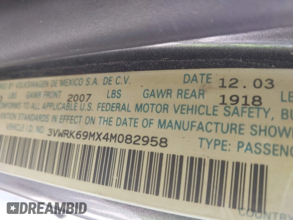 2004 Volkswagen Jetta GL with VIN 3VWRK69MX4M082958, listed as a IAAI auction lot 42524511 with 276,577 mi miles and . Bid and sale history available at DreamBid. Image 9.