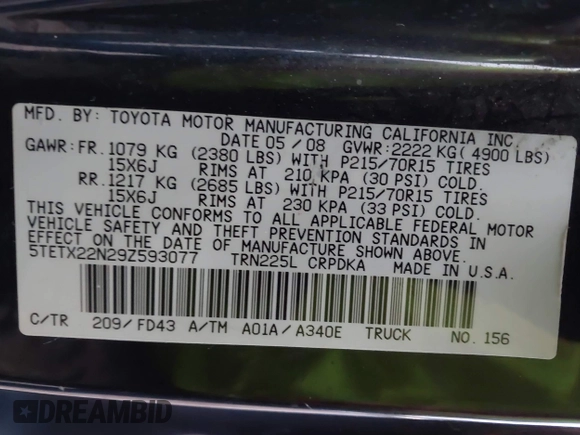 2009 Toyota Tacoma with VIN 5TETX22N29Z593077, listed as a IAAI auction lot 41498957 with 70,702 mi miles and . Bid and sale history available at DreamBid. Image 9.
