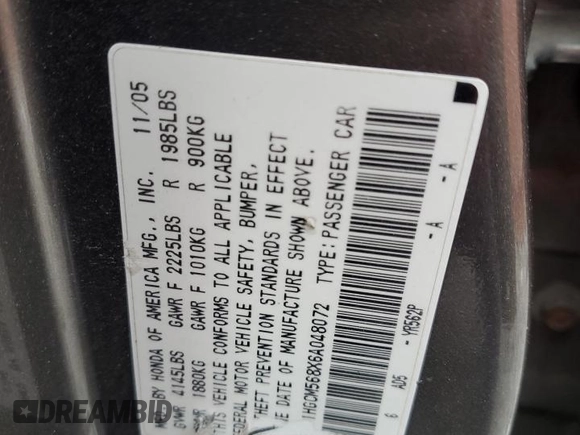 2006 Honda Accord EX-L z VIN 1HGCM568X6A048072, wystawiony jako Copart lot #44691315 z przebiegiem Nie podano mil oraz Nie do naprawy • Non repairable. Historia ofert i sprzedaży dostępna na DreamBid. Obrazek 12.
