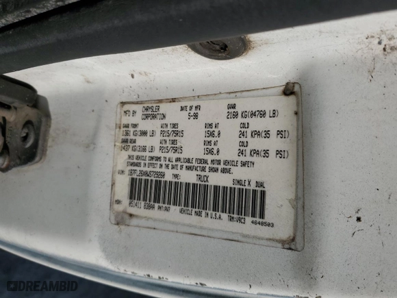 1998 Dodge Dakota SLT with VIN 1B7FL26X0WS729260, listed as a Copart auction lot 77902074 with 0 mi miles and Non Repairable. Bid and sale history available at carsss.com. Image 13.