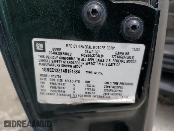 2004 Chevrolet Tahoe LT with VIN 1GNEC13Z14R191384, listed as a Copart auction lot 51371855 with 213,802 mi miles and Salvage title. Bid and sale history available at DreamBid. Image 13.